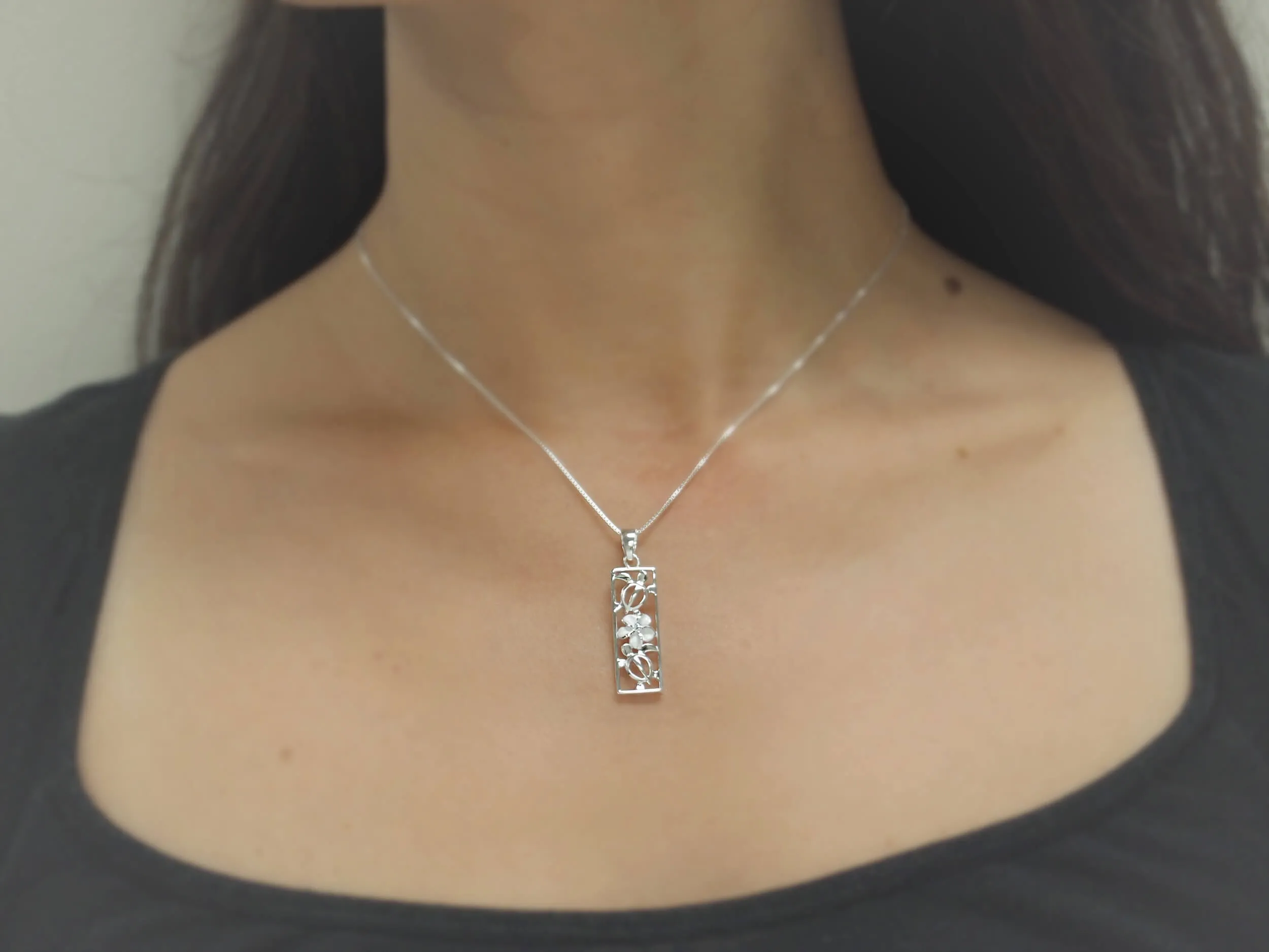 Sterling Silver Turtle and Plumeria Vertical Bar Pendant Necklace, 16 2" Extender