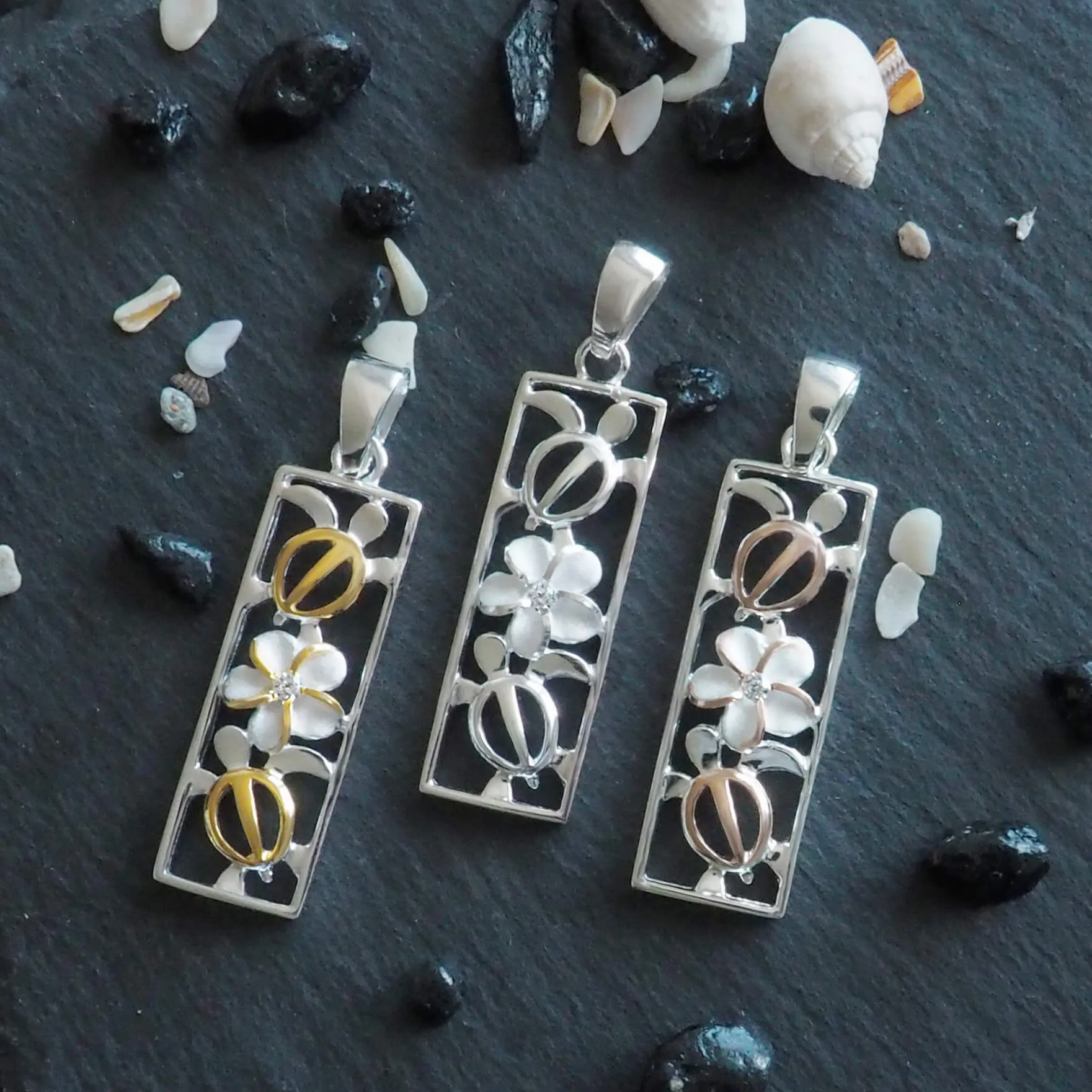 Sterling Silver Turtle and Plumeria Vertical Bar Pendant Necklace, 16 2" Extender