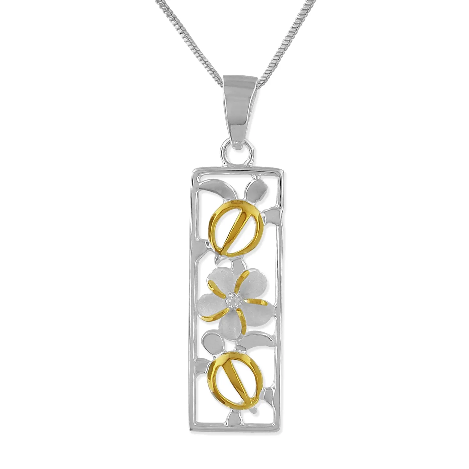 Sterling Silver Turtle and Plumeria Vertical Bar Pendant Necklace, 16 2" Extender