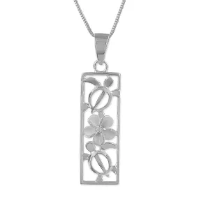 Sterling Silver Turtle and Plumeria Vertical Bar Pendant Necklace, 16 2" Extender
