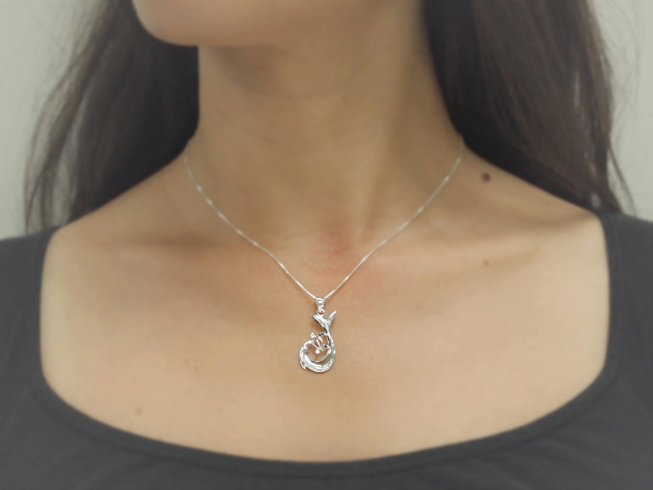 Sterling Silver Turtle Fish Hook Pendant Necklace, 16 2" Extender