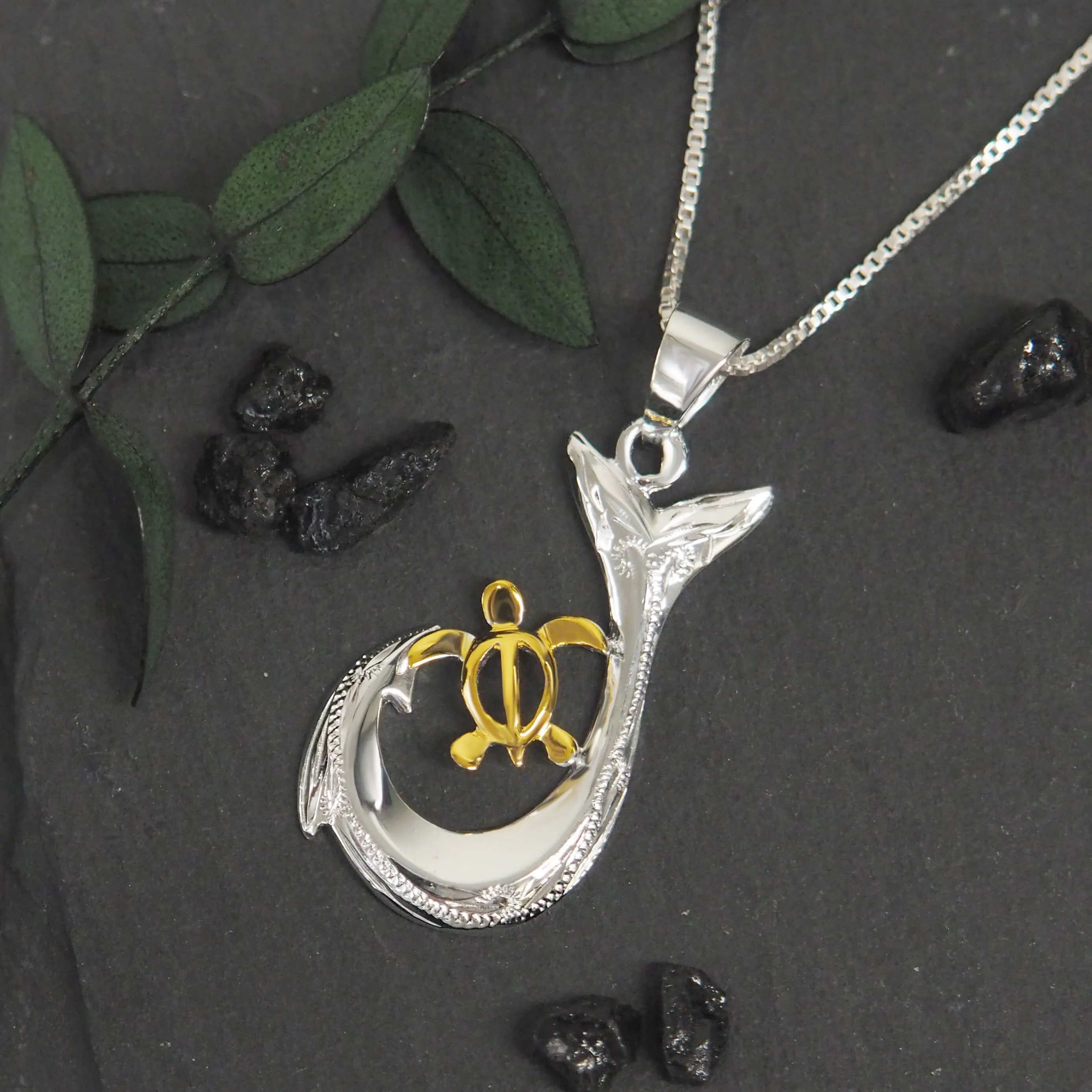 Sterling Silver Turtle Fish Hook Pendant Necklace, 16 2" Extender