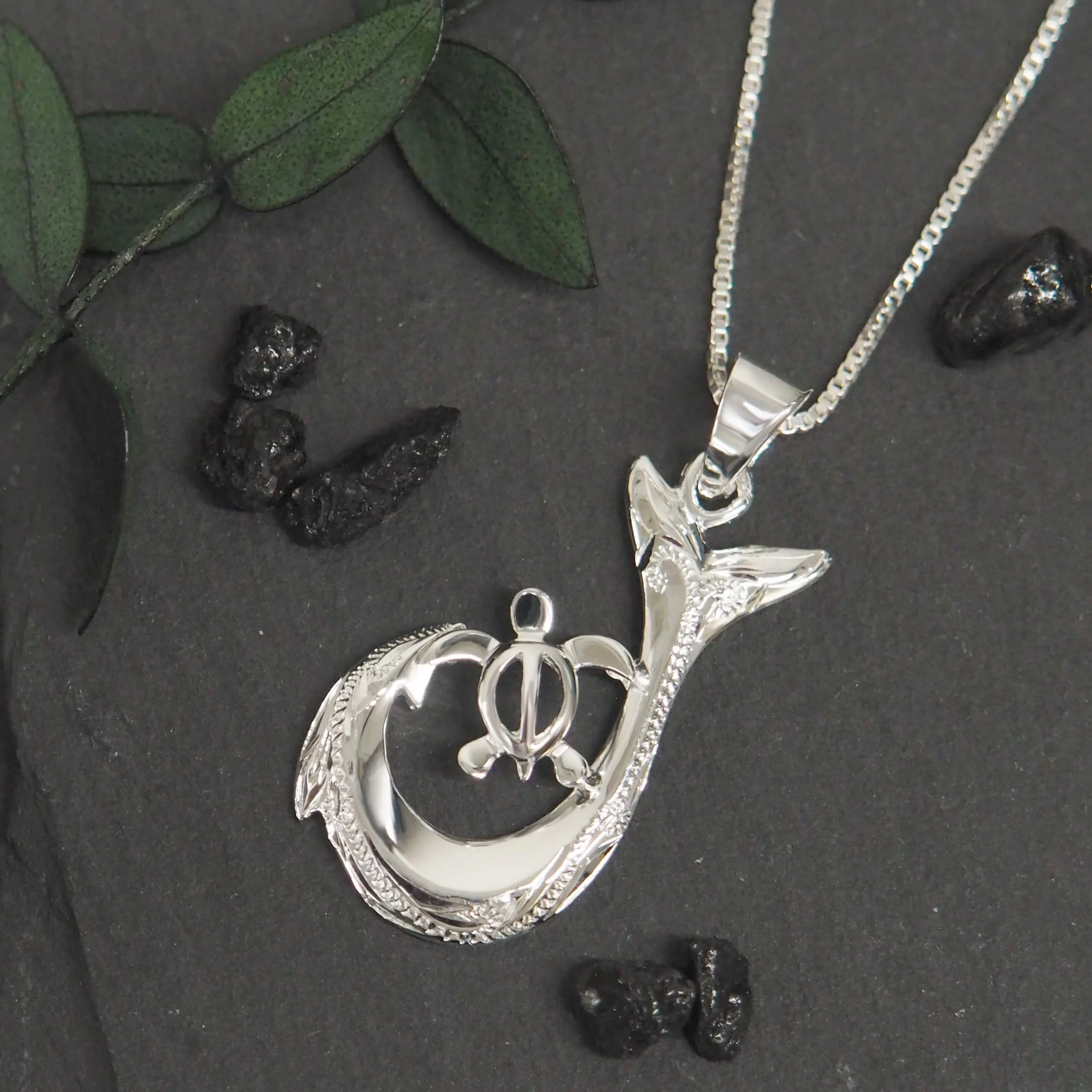 Sterling Silver Turtle Fish Hook Pendant Necklace, 16 2" Extender