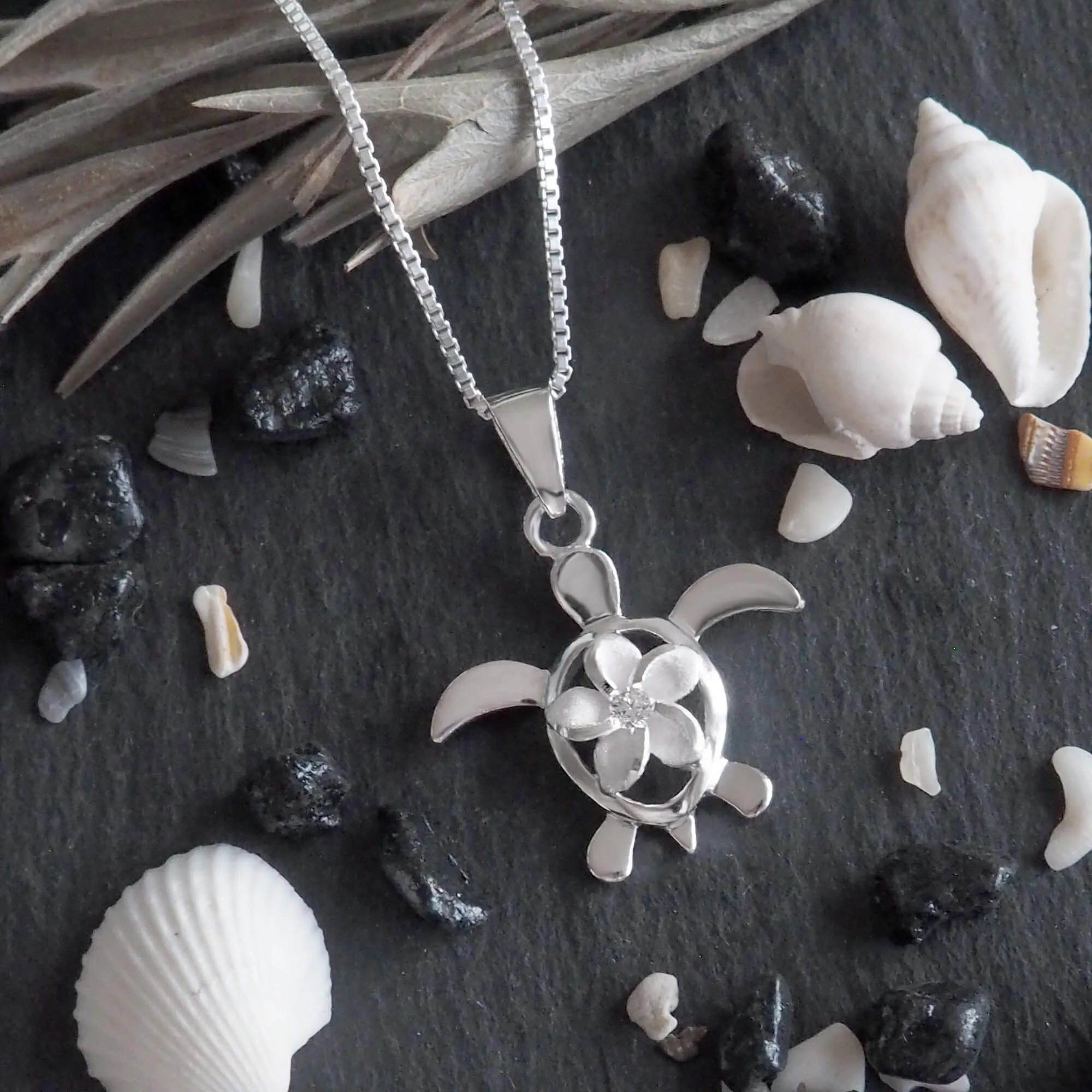 Sterling Silver Turtle Plumeria Pendant Necklace, 16" 2