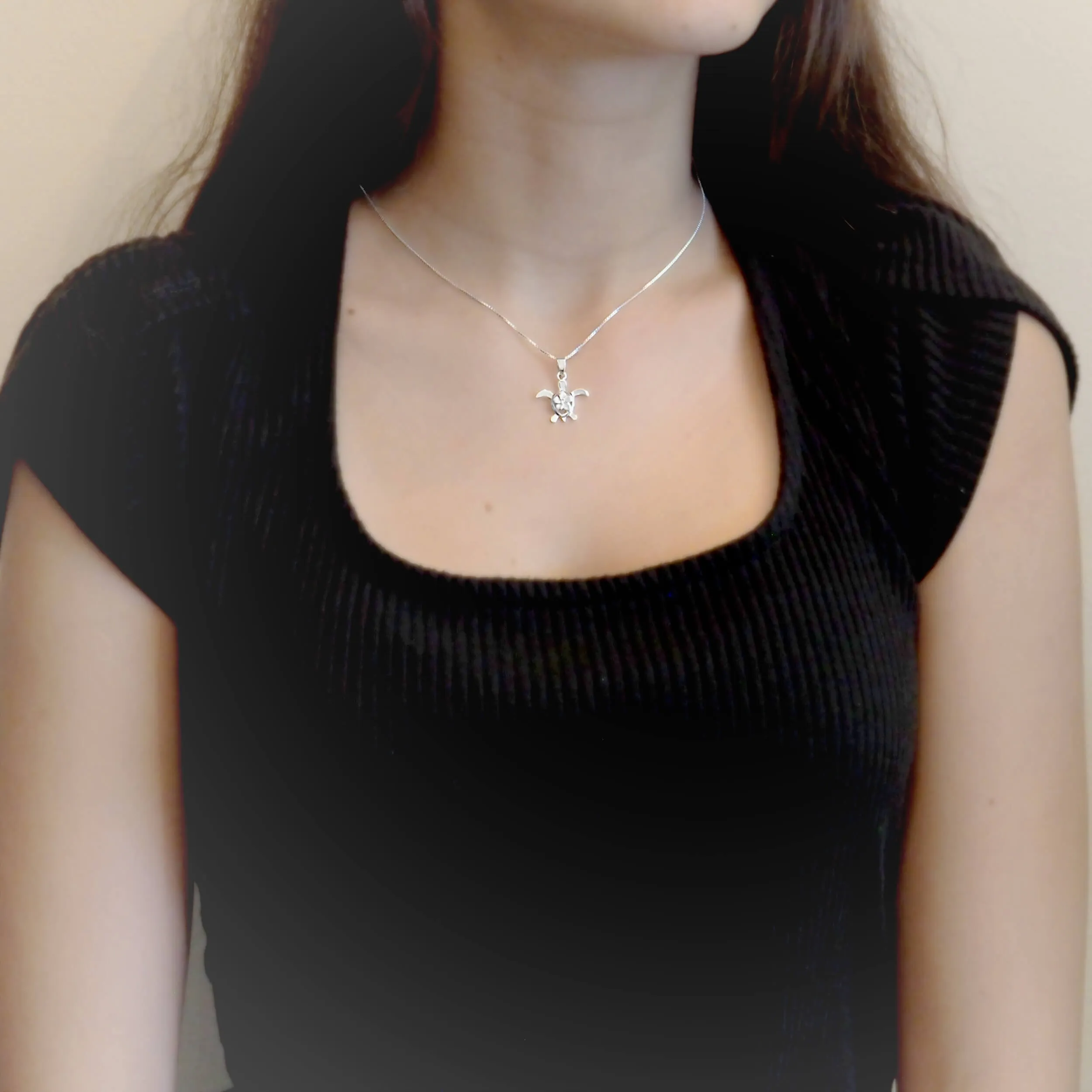 Sterling Silver Turtle Plumeria Pendant Necklace, 16" 2