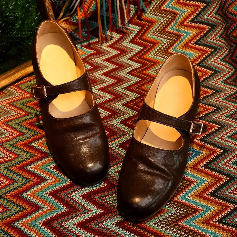 Washed Horse Leather Classic Mary Jane Shoes For Women Leather Sole in Black/Red/Pink/Brown