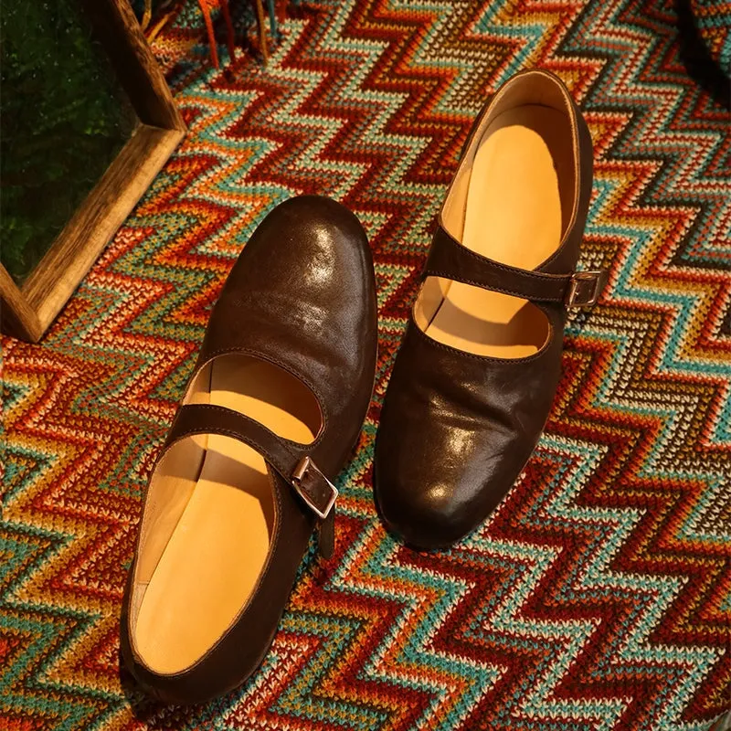 Washed Horse Leather Classic Mary Jane Shoes For Women Leather Sole in Black/Red/Pink/Brown