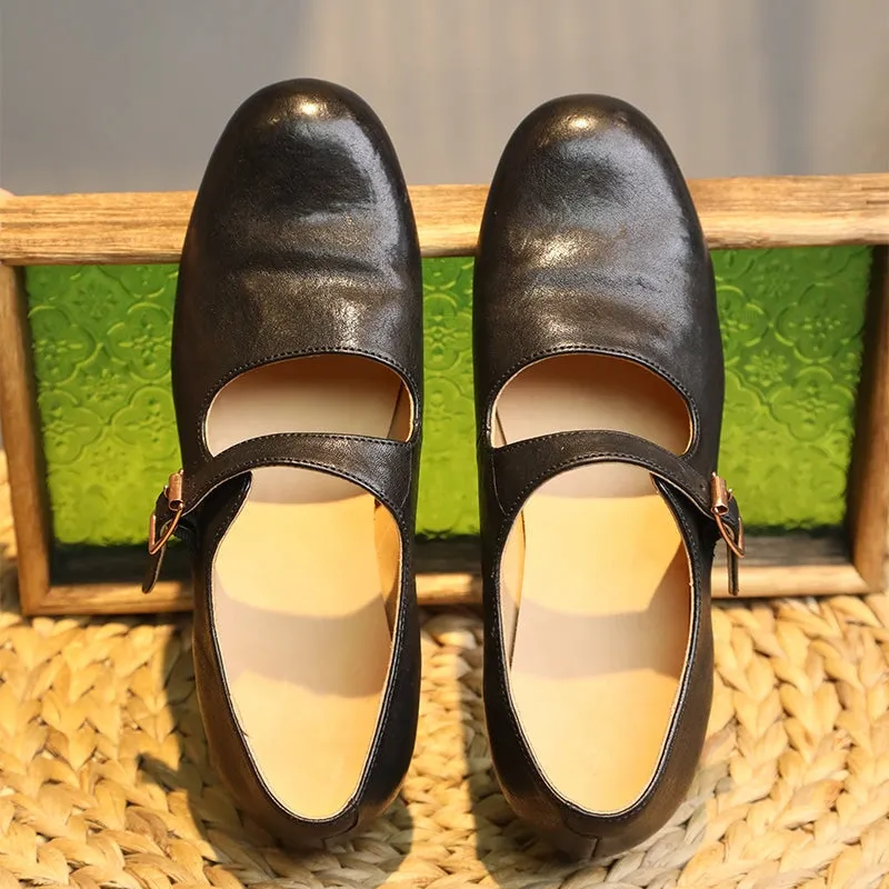 Washed Horse Leather Classic Mary Jane Shoes For Women Leather Sole in Black/Red/Pink/Brown