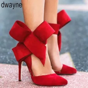 Women Big Bow Tie Butterfly Pointed Stiletto Pumps – High Heels Plus Size Wedding Shoes