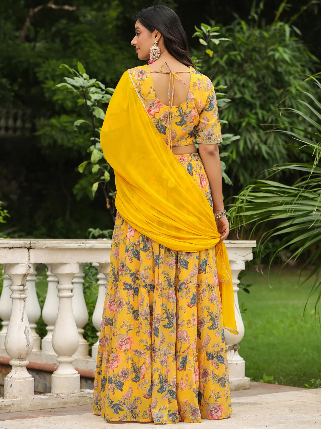 Yellow Georgette Floral Printed Tiered Lehenga Choli Set