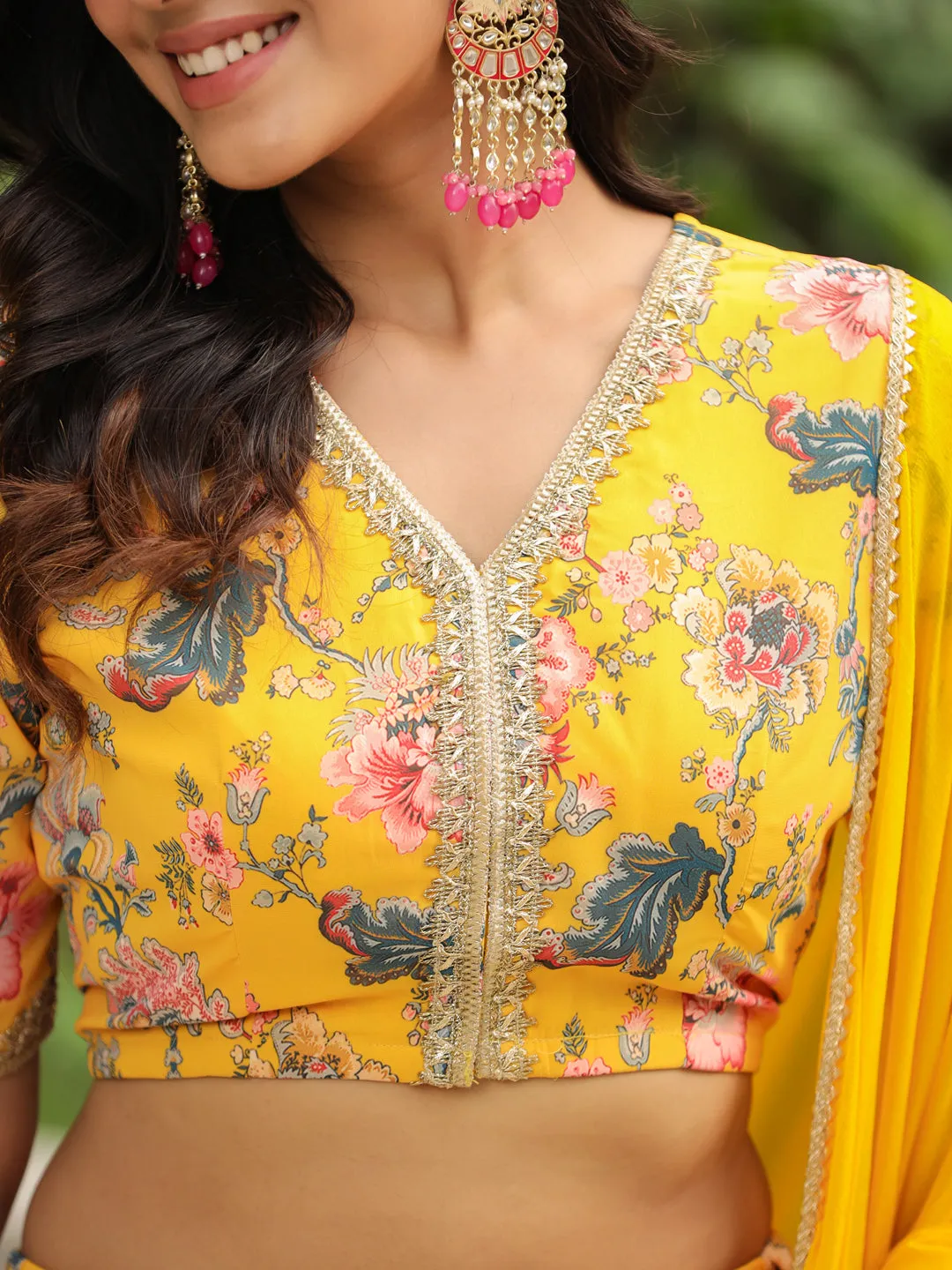 Yellow Georgette Floral Printed Tiered Lehenga Choli Set
